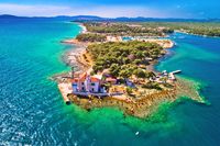 Jadrija lighthouse in Sibenik bay entrance aerial view, archipelago of Dalmatia,